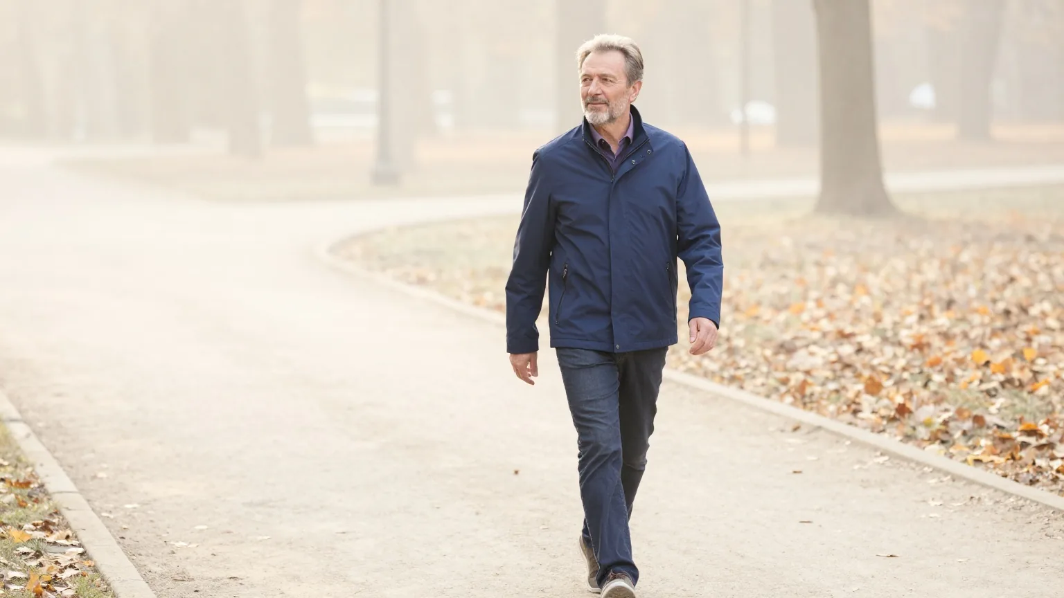 Mann Ende fünfzig mit grauem Bartschatten geht an einem ruhigen Herbstmorgen langsam einen Parkweg entlang