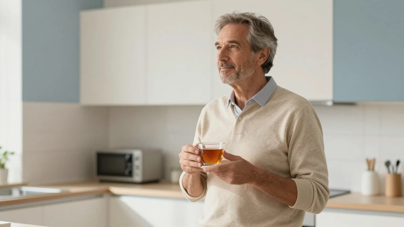 Mann in den Fünfzigern steht morgens aufmerksam mit einer Tasse Tee in einer hellen Büroküche