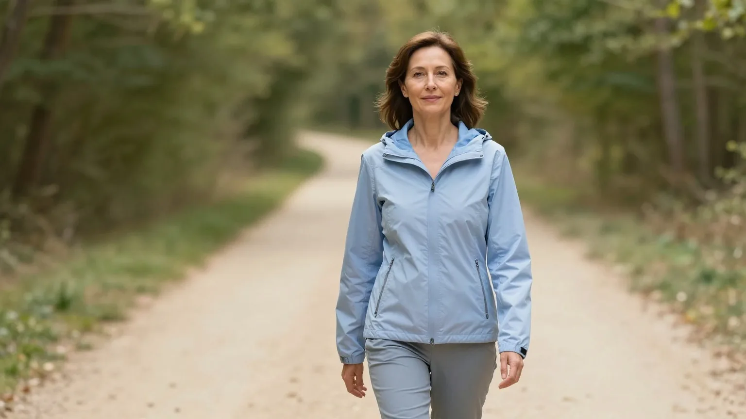 Frau Mitte vierzig geht am Morgen ruhig und sicher einen hellen Waldweg entlang