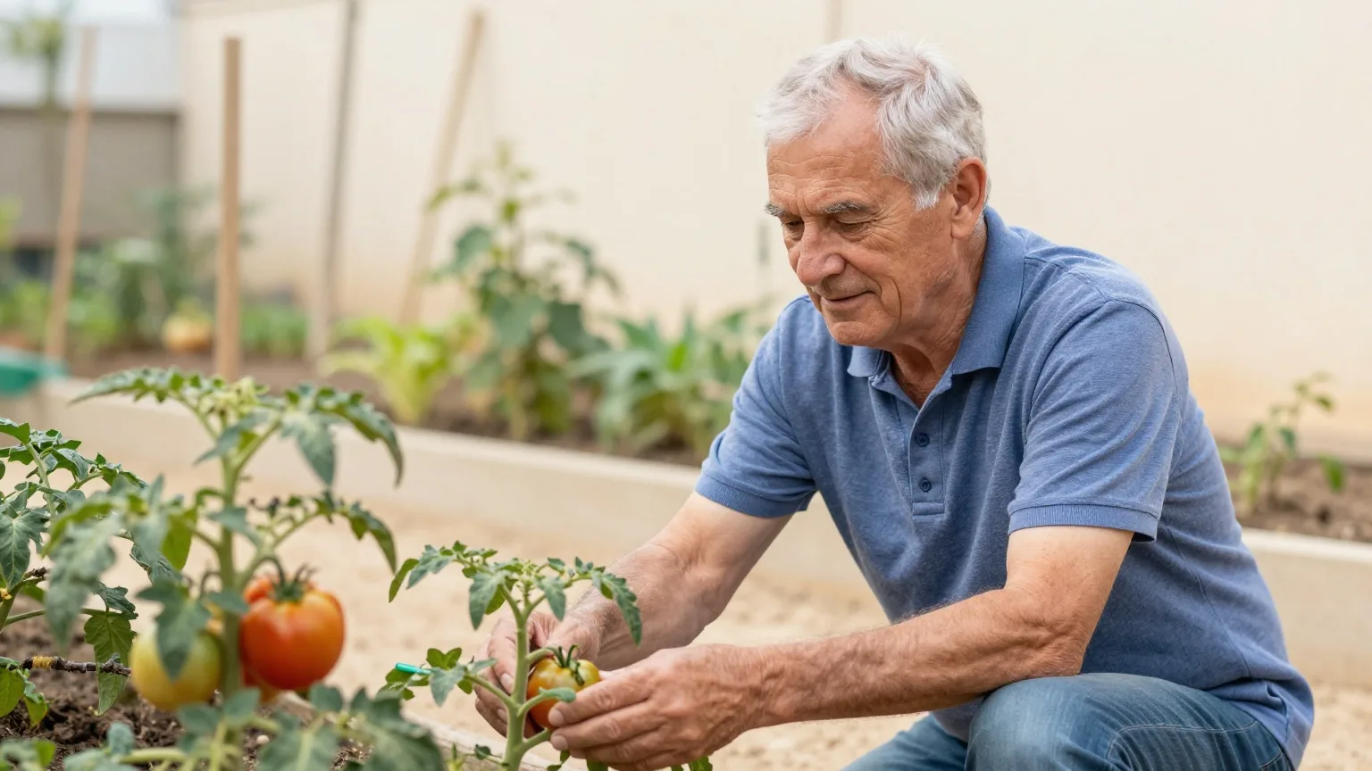 Mann Ende sechzig pflegt an einem ruhigen Nachmittag Tomatenpflanzen in einem kleinen sonnigen Kleingarten