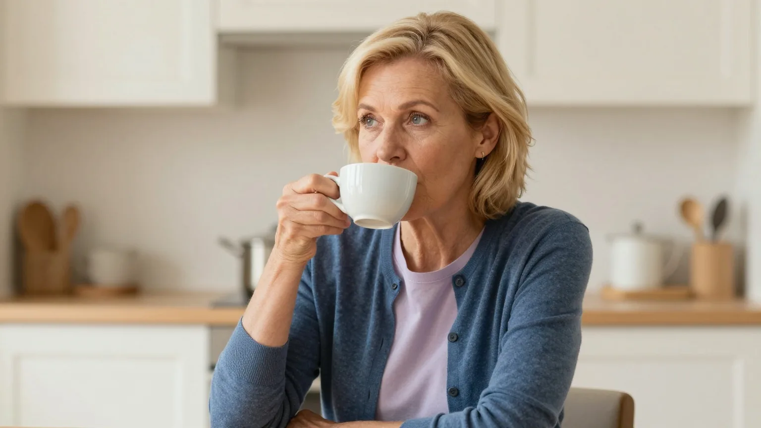 Frau Anfang fünfzig mit kurzem blondem Haar trinkt an einem ruhigen Nachmittag in einer hellen Küche eine Tasse Tee