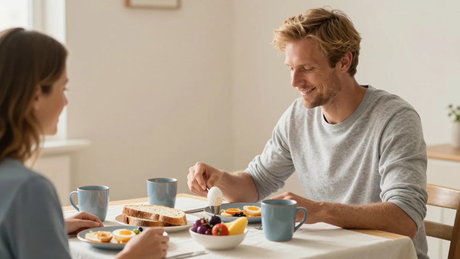 Mann Mitte dreißig mit kurzen blonden Haaren sitzt mit Partnerin beim ausgiebigen Frühstück an einem sonnigen Holztisch
