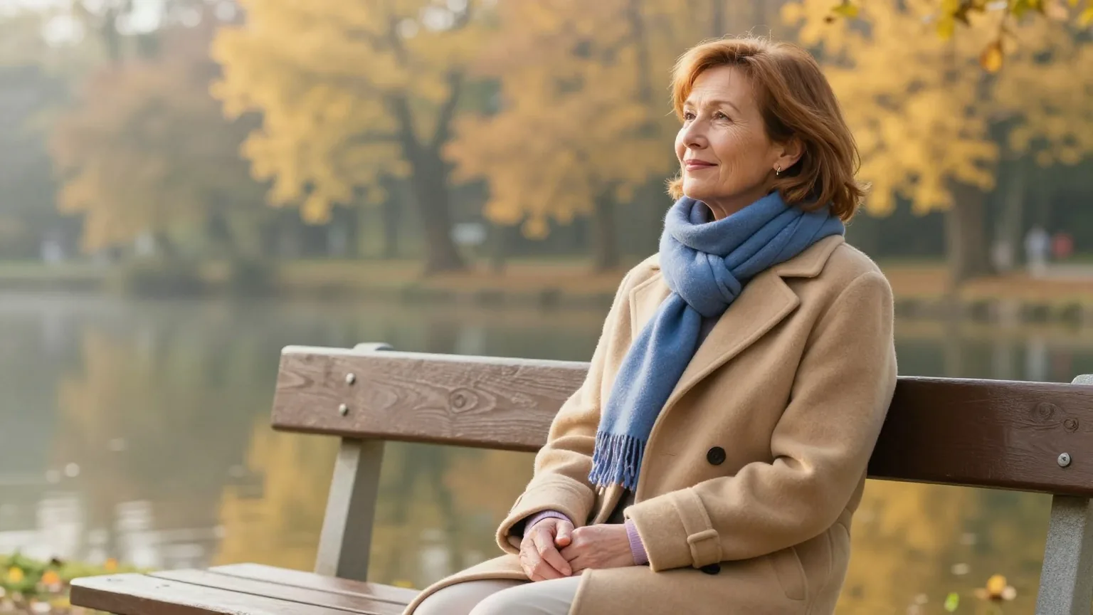 Frau in den Fünfzigern mit kurzen rotbraunen Haaren sitzt an einem Herbstmorgen entspannt auf einer Holzbank an einem ruhigen Teich