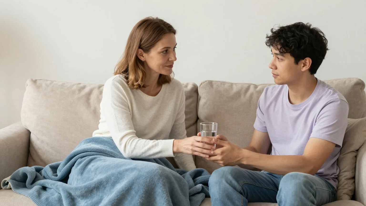 Frau in den Fünfzigern reicht ihrem erwachsenen Sohn auf dem Sofa in einem hellen Wohnzimmer ein Glas Wasser