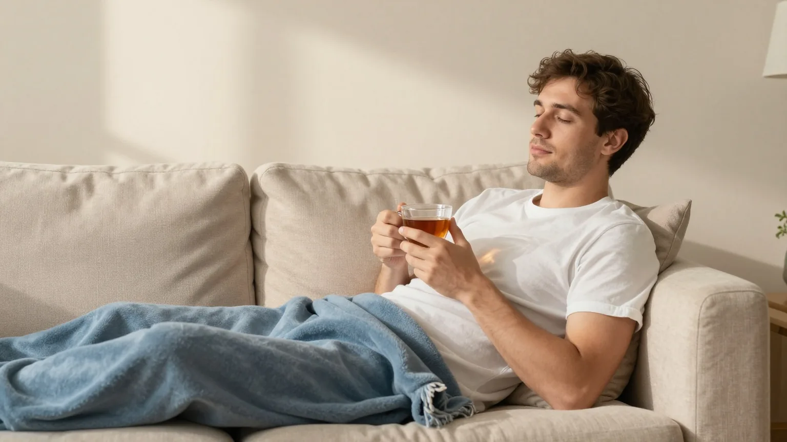Mann in den Dreißigern ruht am Nachmittag mit einer Tasse Tee auf einem hellen Sofa in einem ruhigen Wohnzimmer