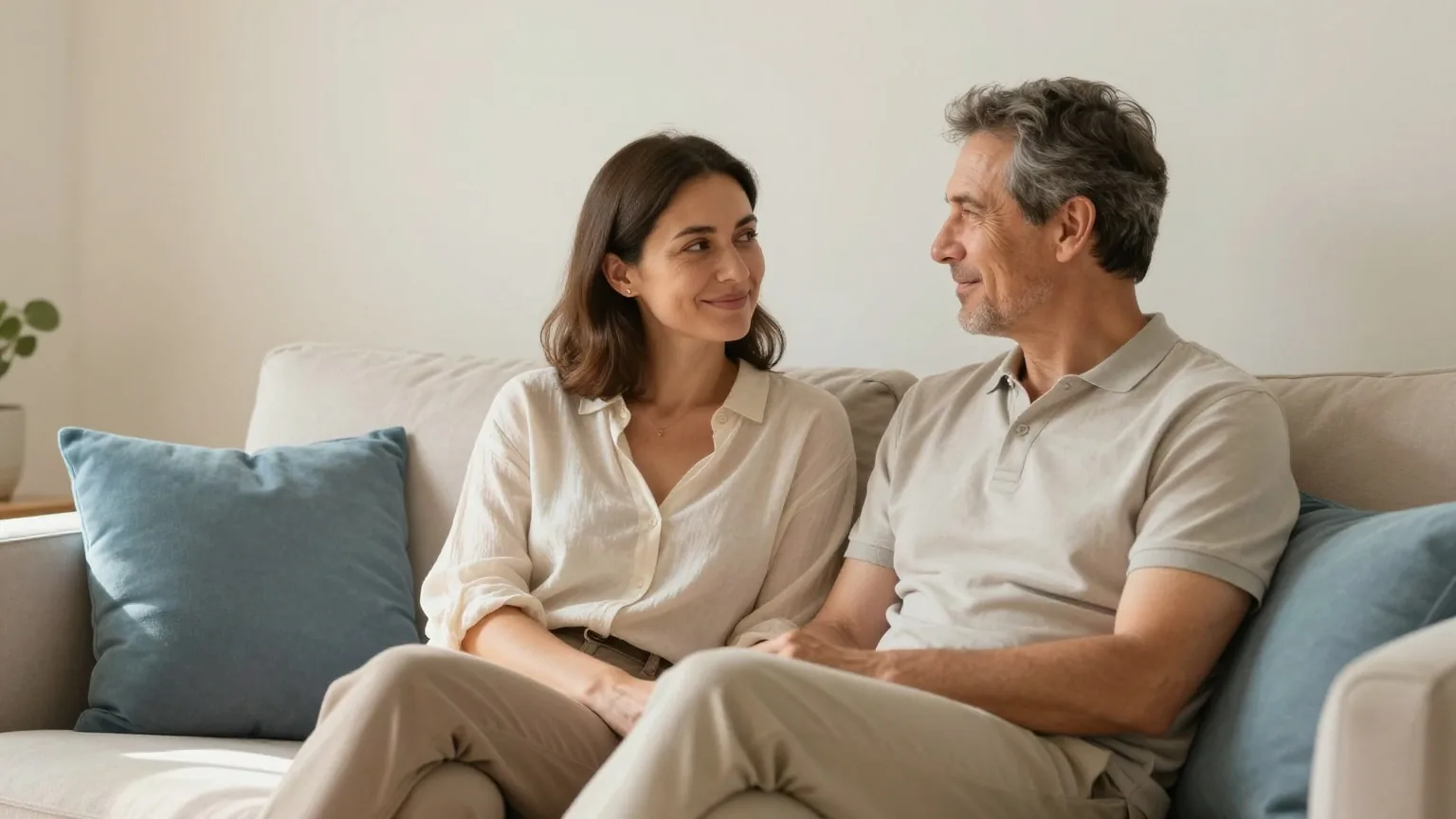 Paar in den Vierzigern sitzt eng beieinander auf einem hellen Sofa und unterhält sich ruhig