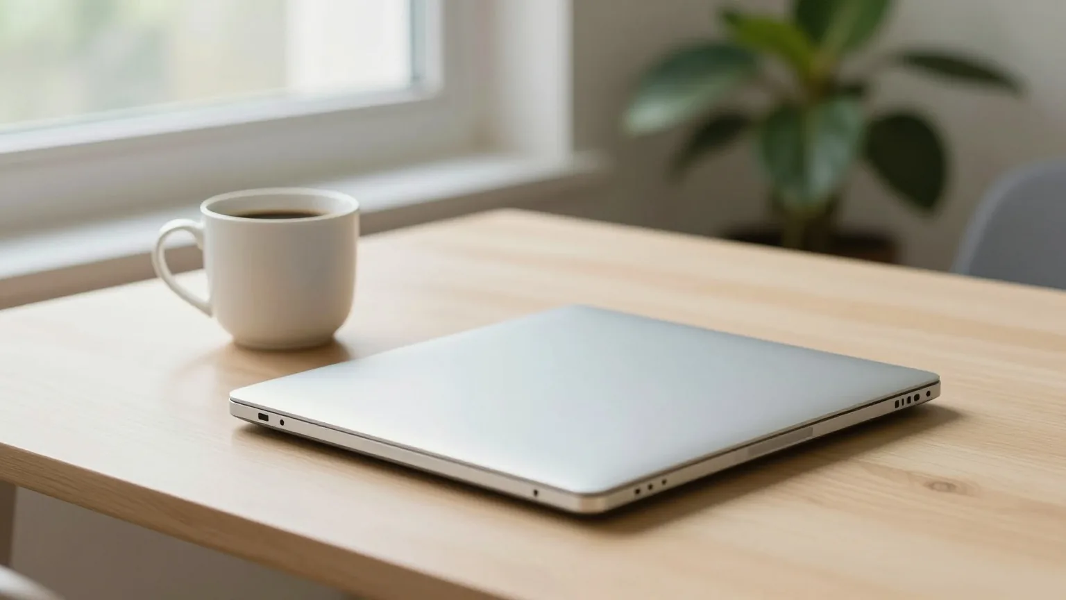 Tasse Kaffee und zugeklappter Laptop auf einem hellen Holztisch am Fenster neben einer Pflanze