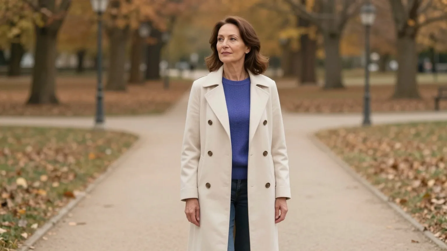 Frau in den Fünfzigern steht an einer Weggabelung in einem herbstlichen Park und schaut sich in Ruhe um