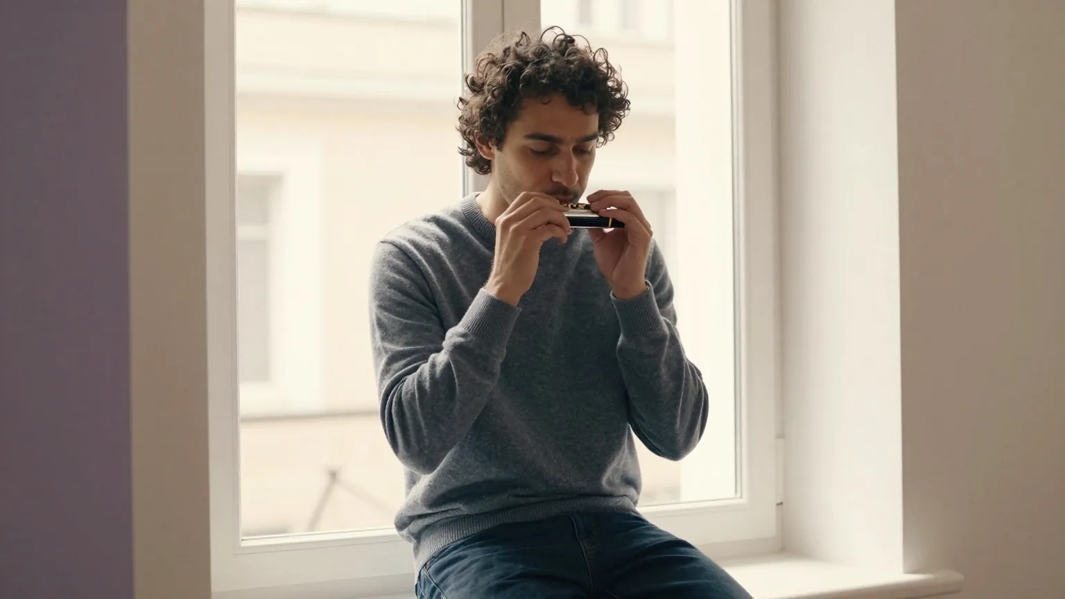 Mann in den Dreißigern mit dunklen Locken sitzt auf einer sonnigen Fensterbank und spielt Mundharmonika