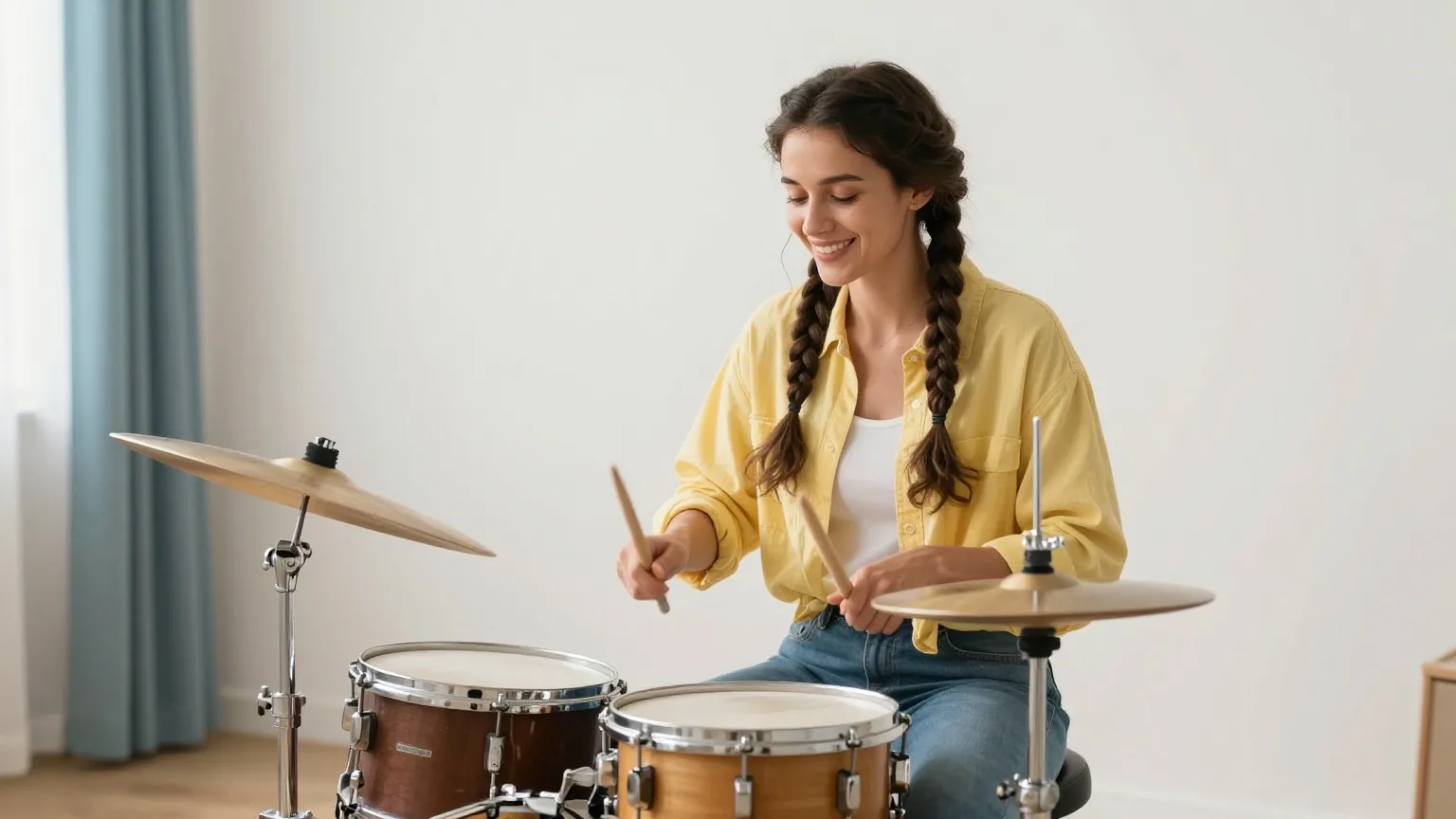 Frau Anfang dreißig mit langen Zöpfen spielt in einem hellen Musikraum konzentriert Schlagzeug
