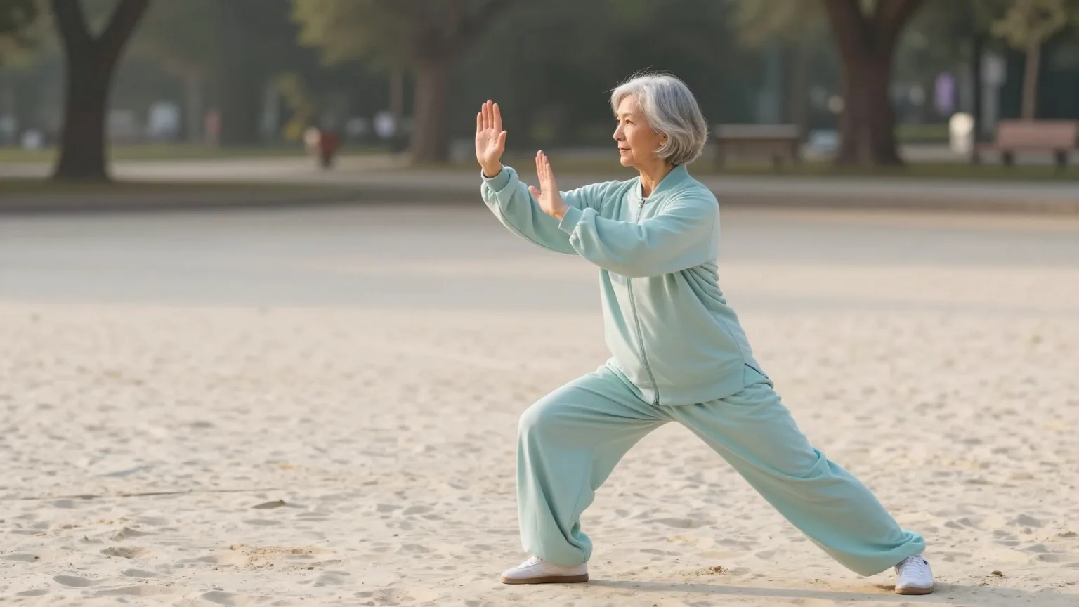 Frau in den Sechzigern mit silbernem Bob macht am Morgen im Park langsame Tai-Chi-Bewegungen