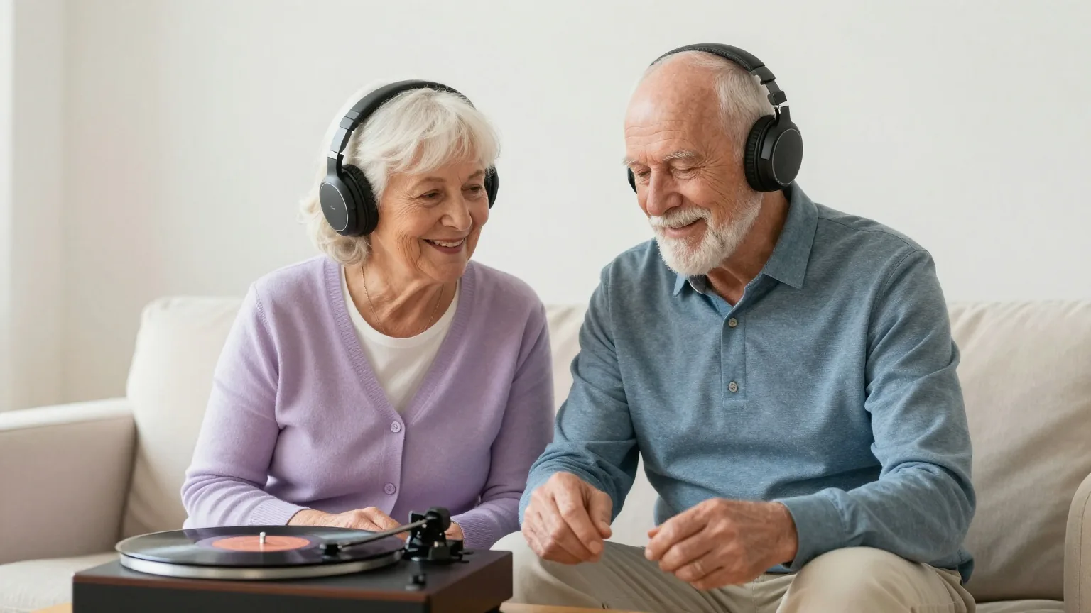 Älteres Paar in den Achtzigern sitzt in einem hellen Wohnzimmer und hört Musik von einem Plattenspieler