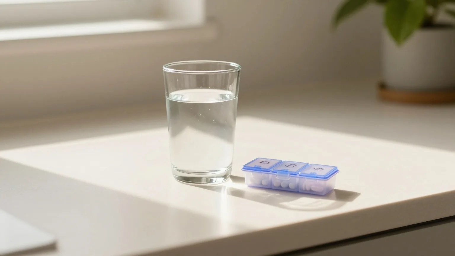 Glas Wasser und eine schlichte Tablettendose mit geschlossenen Fächern auf einer hellen Küchenarbeitsplatte im Morgenlicht