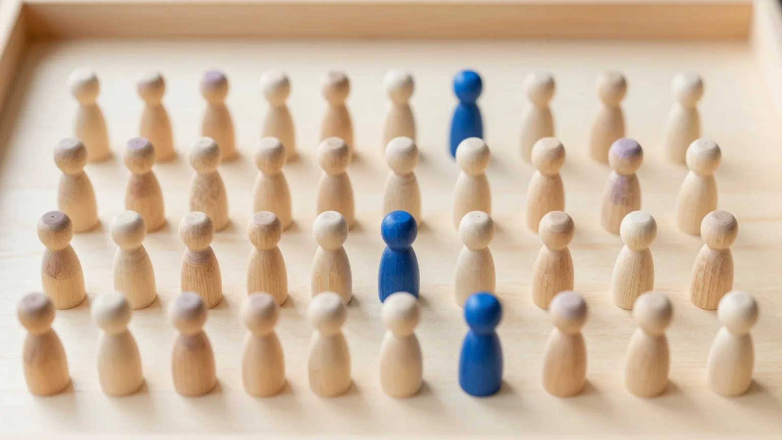Viele kleine Holzfiguren in Reihen auf einem hellen Tisch, einige davon indigoblau bemalt