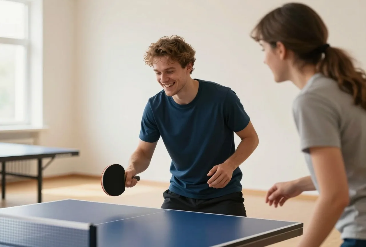 Mann in den Zwanzigern spielt mit einem Freund in einer hellen Halle Tischtennis