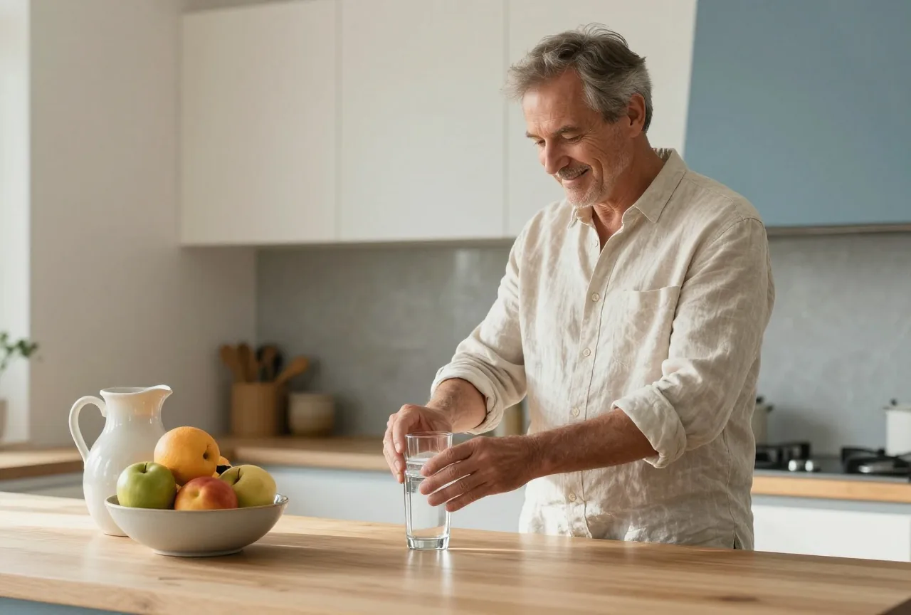 Mann in den Sechzigern füllt in einer hellen Küche ein Glas mit Leitungswasser, daneben eine Schale mit frischem Obst