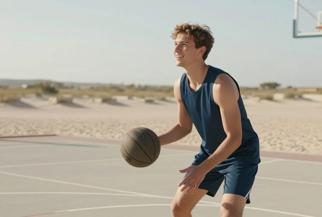 Junger Mann um die zwanzig spielt an einem sonnigen Nachmittag auf einem Freiplatz Basketball
