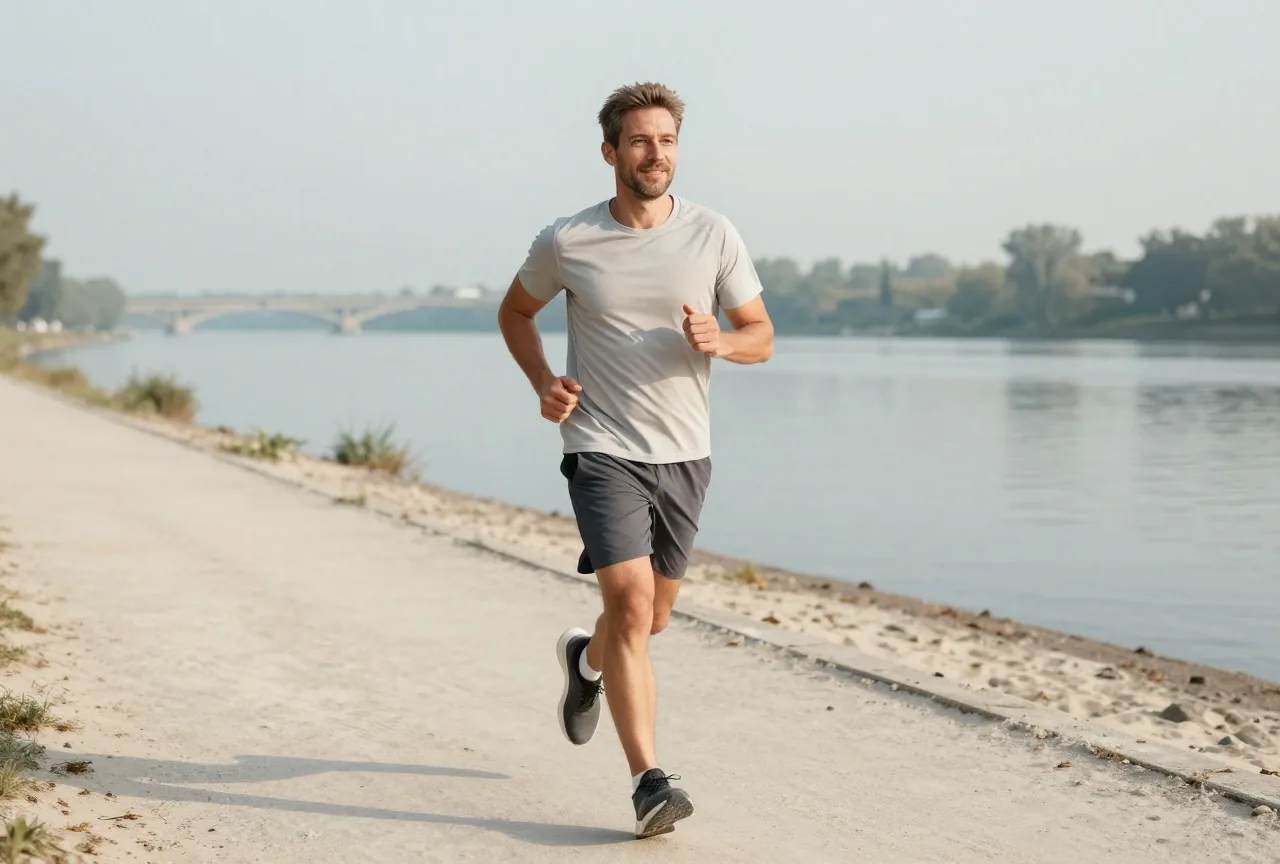 Mann in den Vierzigern joggt am frühen Morgen einen Weg am Fluss entlang