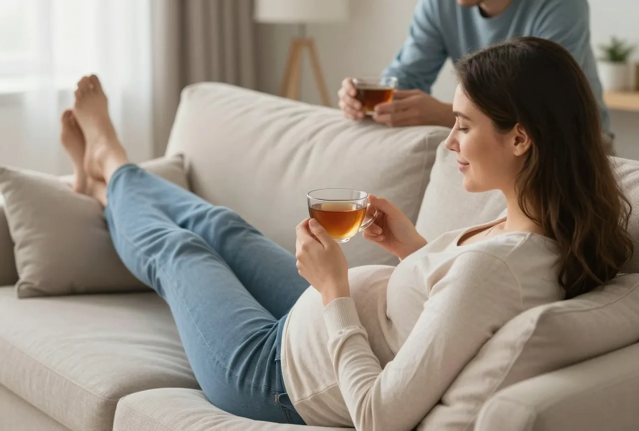 Schwangere Frau Mitte dreißig ruht am Abend mit hochgelegten Füßen auf dem Sofa, ihr Partner reicht ihr eine Tasse Tee
