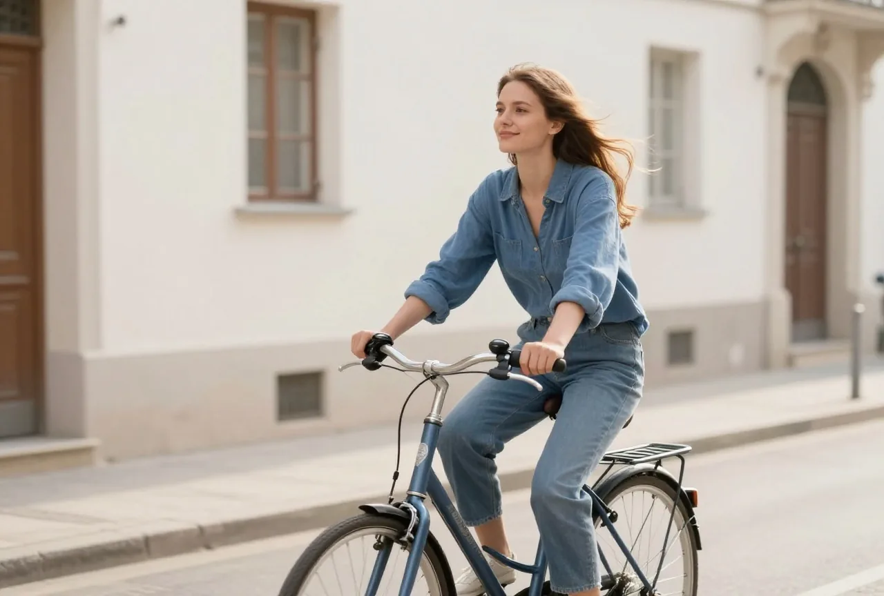 Frau Ende zwanzig fährt am Morgen auf einer ruhigen Straße in der Stadt Fahrrad