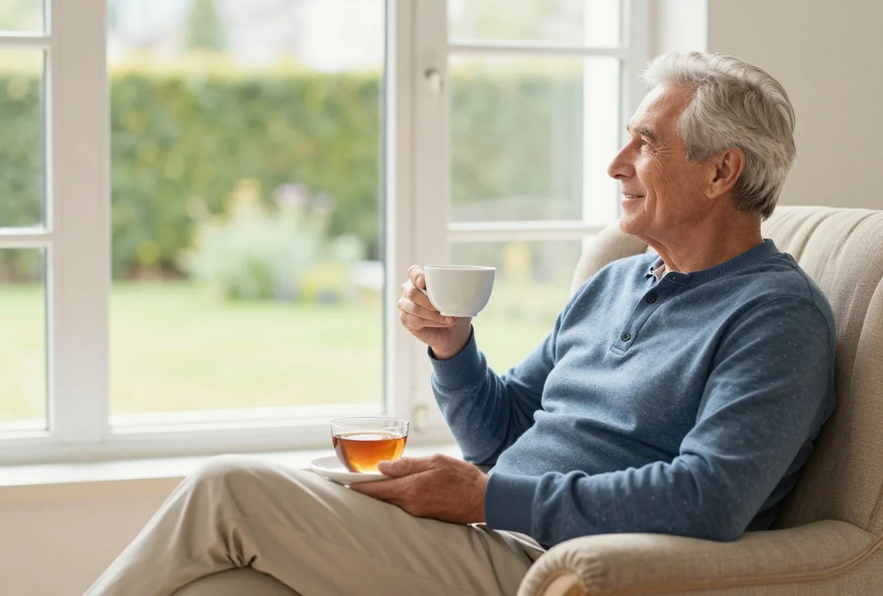Mann in den Sechzigern sitzt entspannt in einem Sessel an einem hellen Fenster und schaut in einen Garten, eine Tasse Tee in den Händen