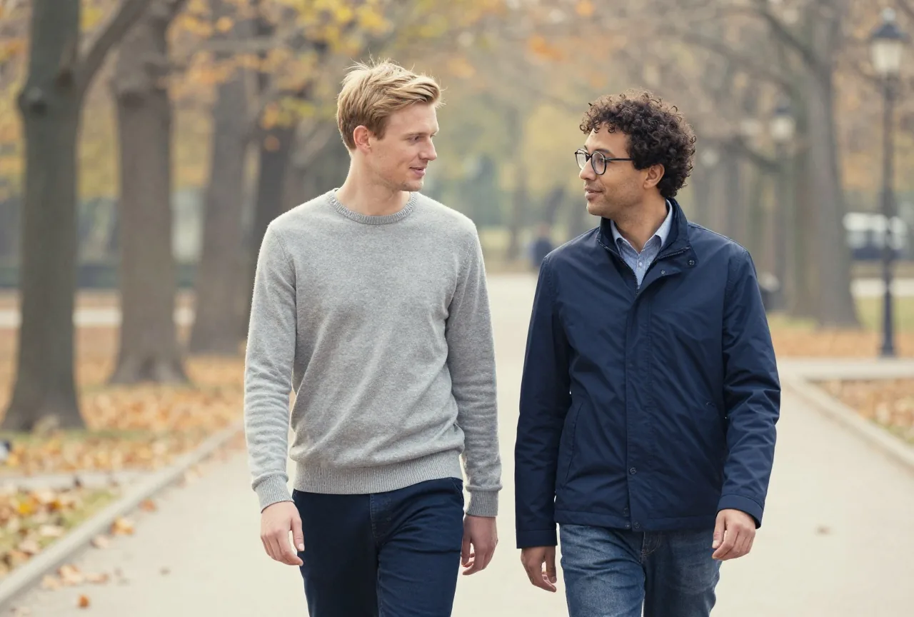 Zwei Freunde in den Dreißigern gehen an einem ruhigen Herbstnachmittag nebeneinander durch einen Park und unterhalten sich
