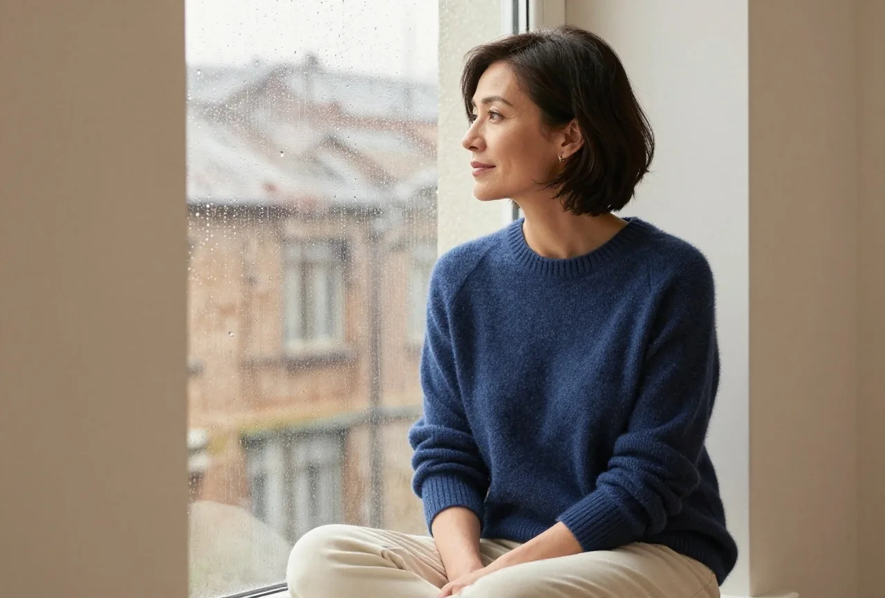 Frau in den Vierzigern sitzt an einem regnerischen Nachmittag auf einer Fensterbank und schaut ruhig in den Regen