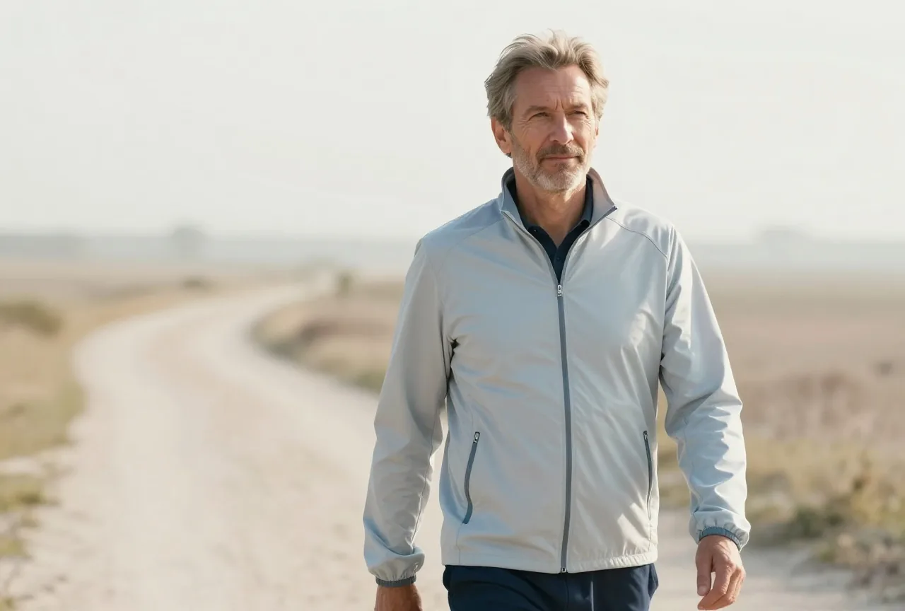 Mann Anfang sechzig geht an einem hellen Morgen zügig einen Feldweg entlang, in leichter Sportjacke und mit ruhigem Blick