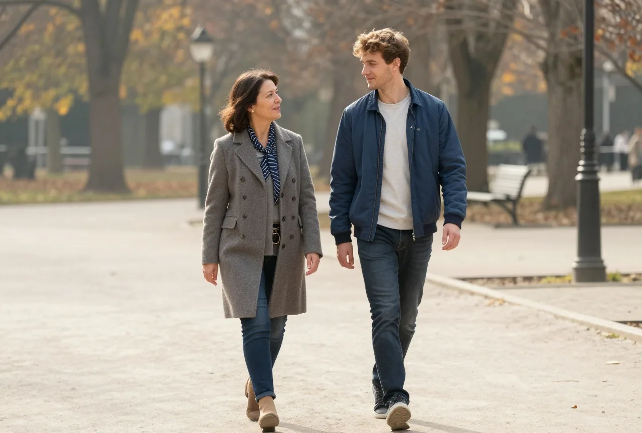 Mann Ende zwanzig geht mit seiner älteren Schwester an einem sonnigen Herbstnachmittag entspannt durch einen Park und unterhält sich mit ihr