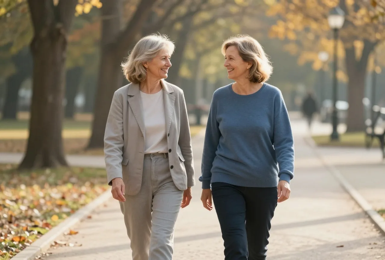Frau Anfang sechzig und ihre Freundin gehen an einem sonnigen Herbsttag gemeinsam einen Parkweg entlang und unterhalten sich