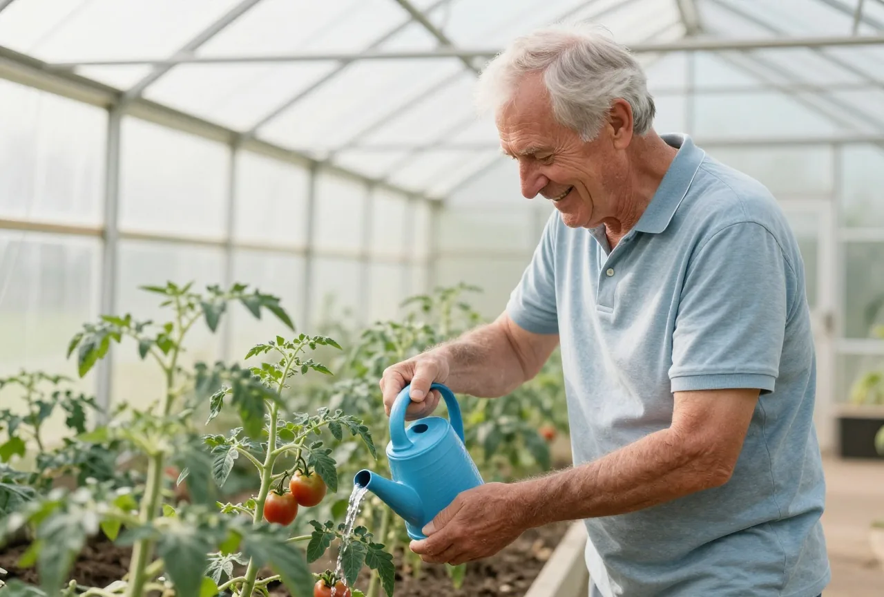 Mann Anfang siebzig gießt in einem hellen Gewächshaus junge Tomatenpflanzen und lächelt dabei
