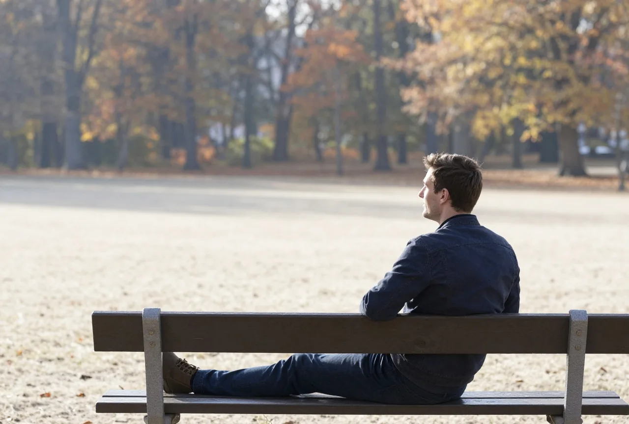 Mann Mitte dreißig sitzt an einem hellen Herbsttag entspannt auf einer Parkbank und schaut über eine Wiese