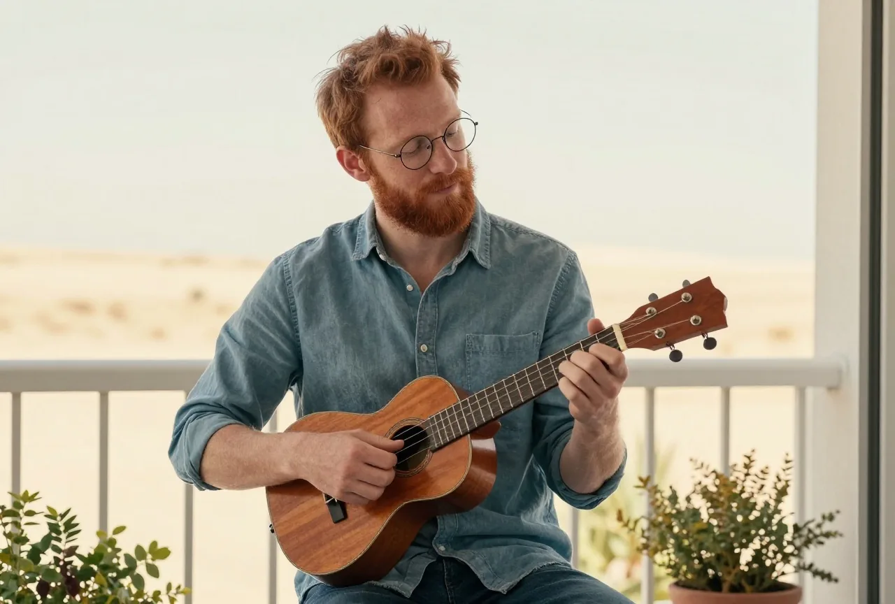 Mann in den Dreißigern mit rotem Bart und runder Brille spielt auf einem sonnigen Balkon Ukulele