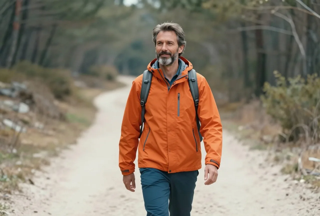 Mann in den Vierzigern mit grau meliertem Bart und orangefarbener Regenjacke wandert mit kleinem Rucksack auf einem Waldweg