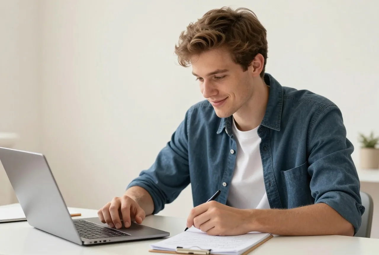 Junger Mann in den Zwanzigern lernt konzentriert am Schreibtisch mit Laptop und handschriftlichen Notizen