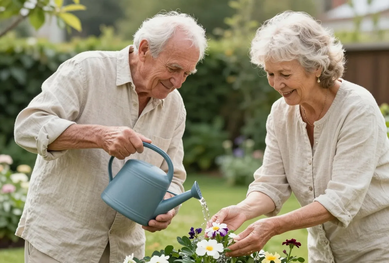 Mann Ende siebzig und seine Frau gießen am Vormittag gemeinsam Blumen in einem sonnigen Garten