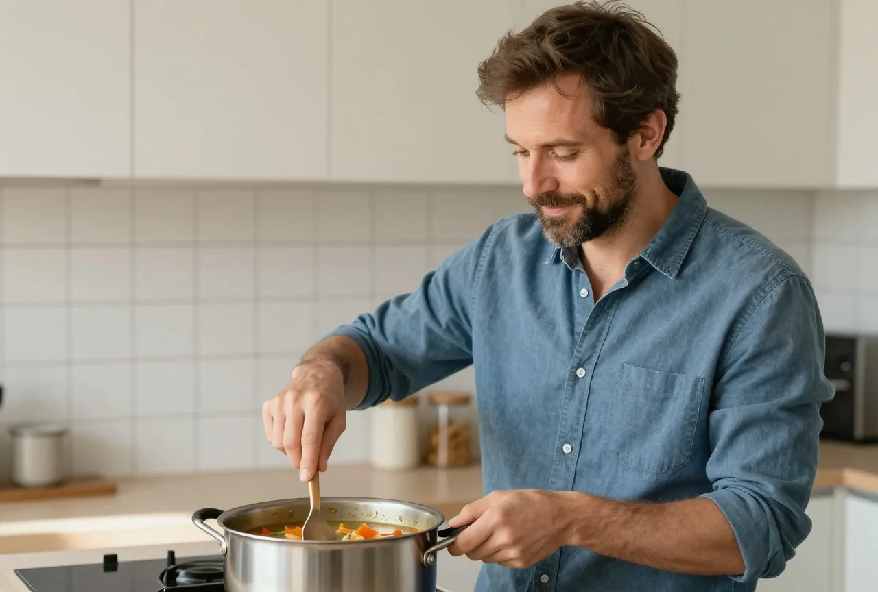 Mann Ende dreißig mit kurzem Bart rührt in einer hellen Küche einen Topf Gemüsesuppe um