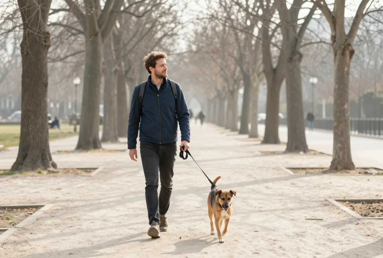 Mann in den Dreißigern geht an einem sonnigen Morgen mit seinem Hund durch einen Park