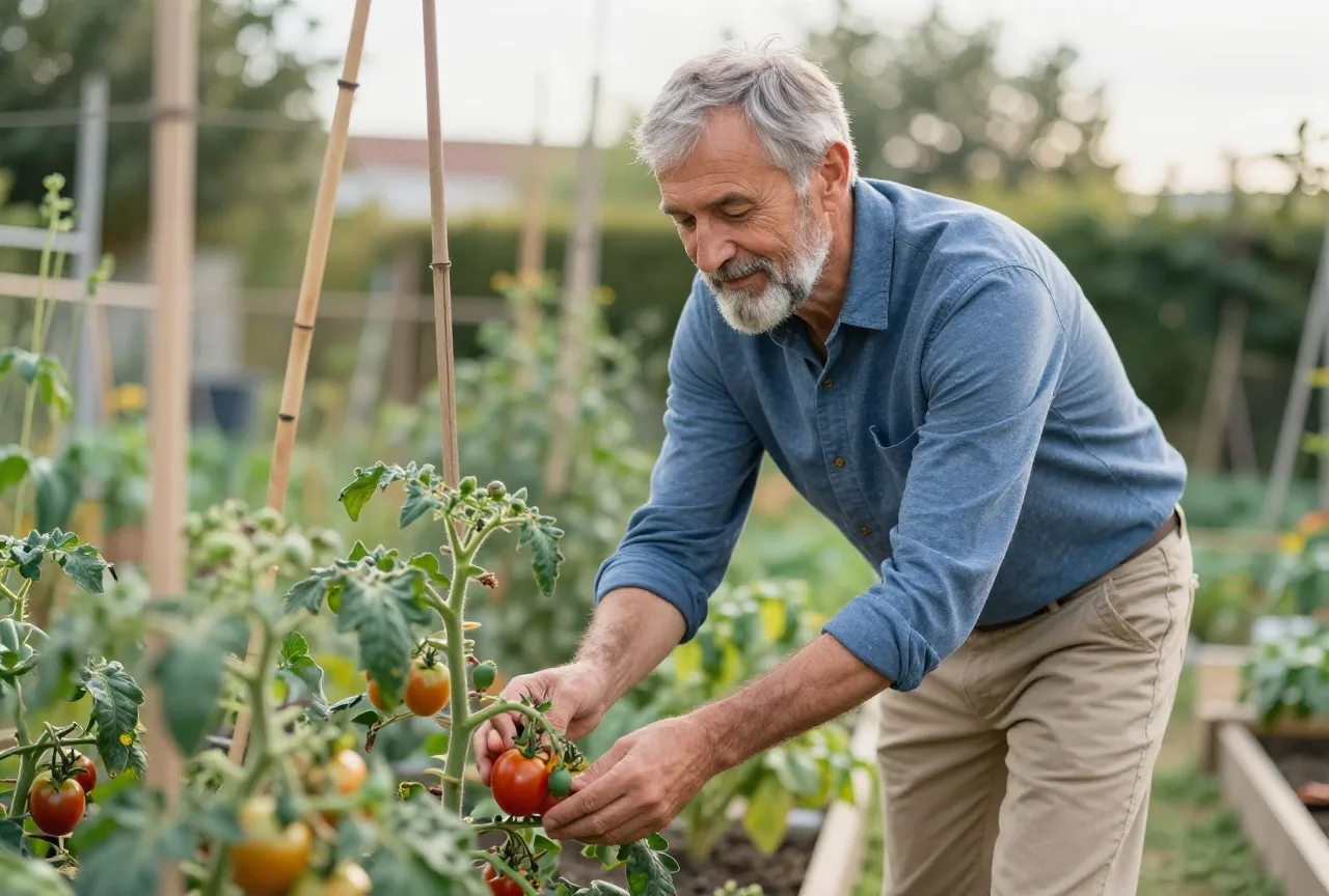 Mann in den Sechzigern mit grauem Bart pflegt an einem sonnigen Nachmittag Tomatenpflanzen in einem kleinen Garten
