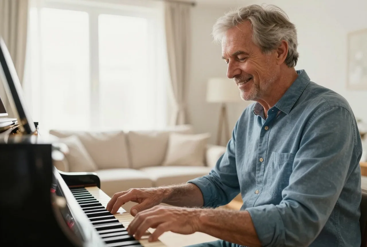 Mann in den Sechzigern spielt in einem hellen Wohnzimmer Klavier