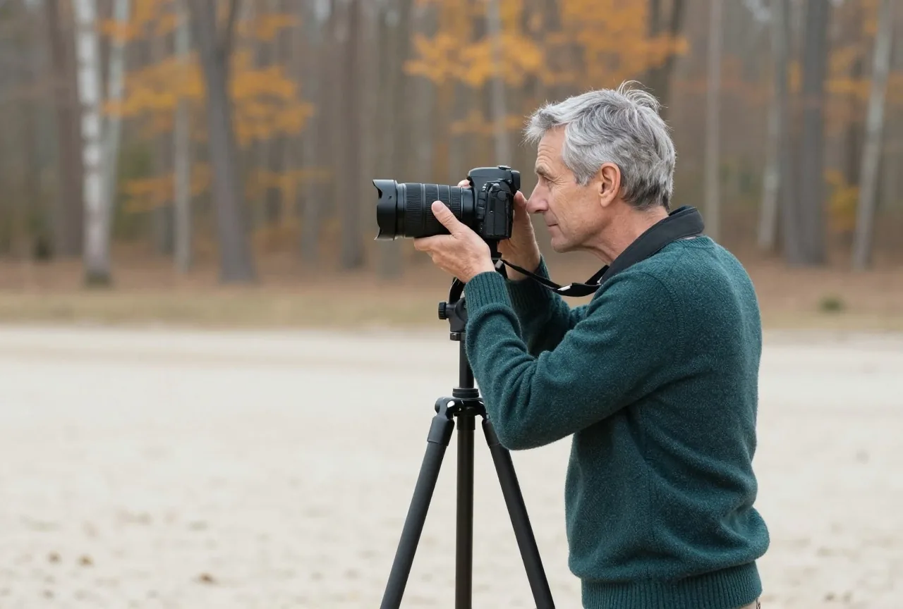 Mann Ende fünfzig fotografiert in einer herbstlichen Waldlichtung mit einer Kamera auf einem Stativ