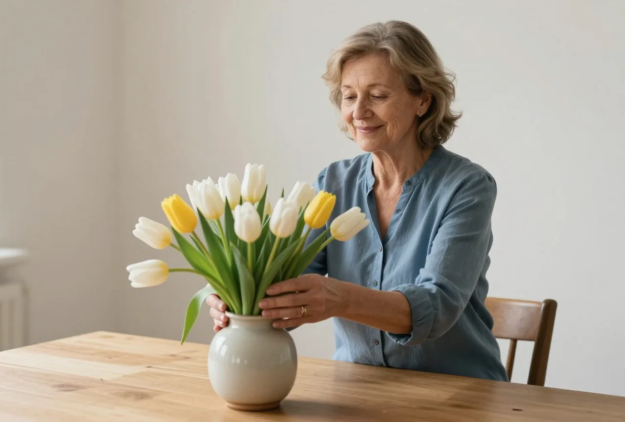 Frau Anfang siebzig stellt am späten Vormittag frische Tulpen in eine Keramikvase auf einem hellen Esstisch und lächelt dabei