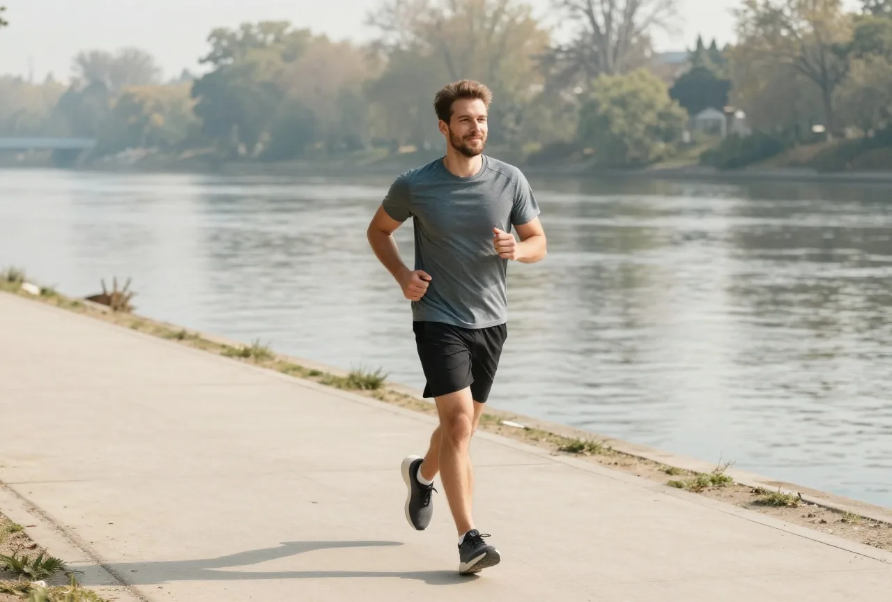 Mann Anfang vierzig joggt am frühen Morgen auf einem hellen Uferweg, entspannt und konzentriert