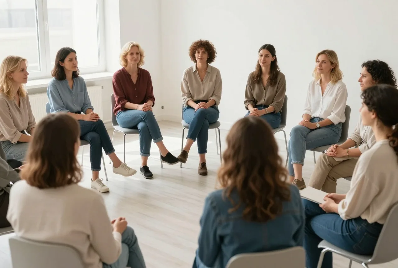 Gruppe von Frauen und Männern zwischen vierzig und sechzig sitzt im Stuhlkreis in einem hellen Gemeinderaum und hört einer Frau zu, die ruhig erzählt
