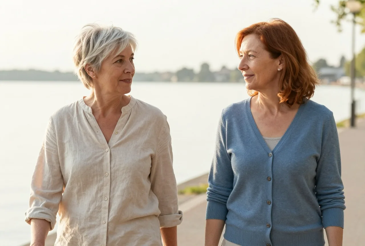 Zwei Frauen Mitte fünfzig gehen am Nachmittag gemeinsam einen hellen Uferweg entlang und unterhalten sich ruhig