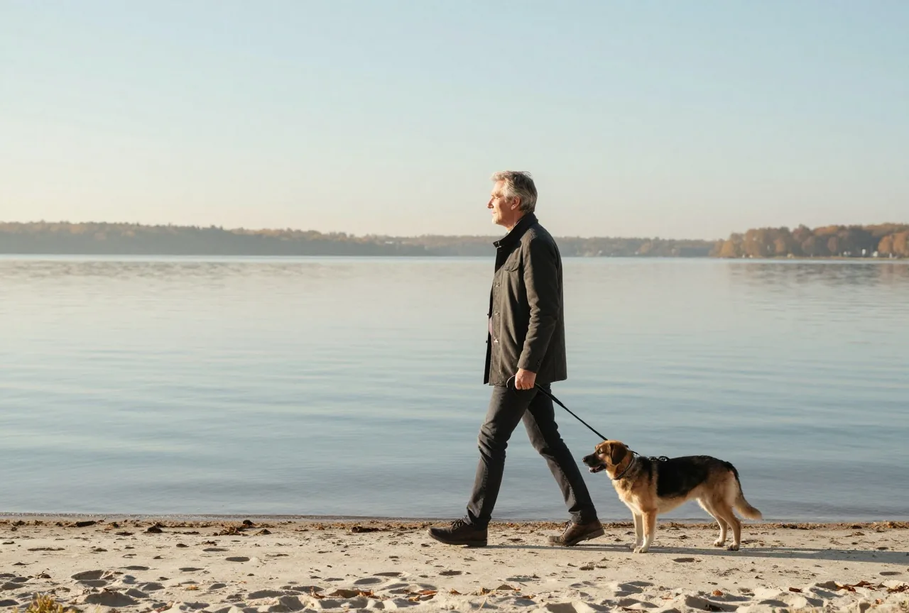 Mann Anfang sechzig geht an einem klaren Herbstmorgen mit seinem Hund am Ufer eines Sees entlang