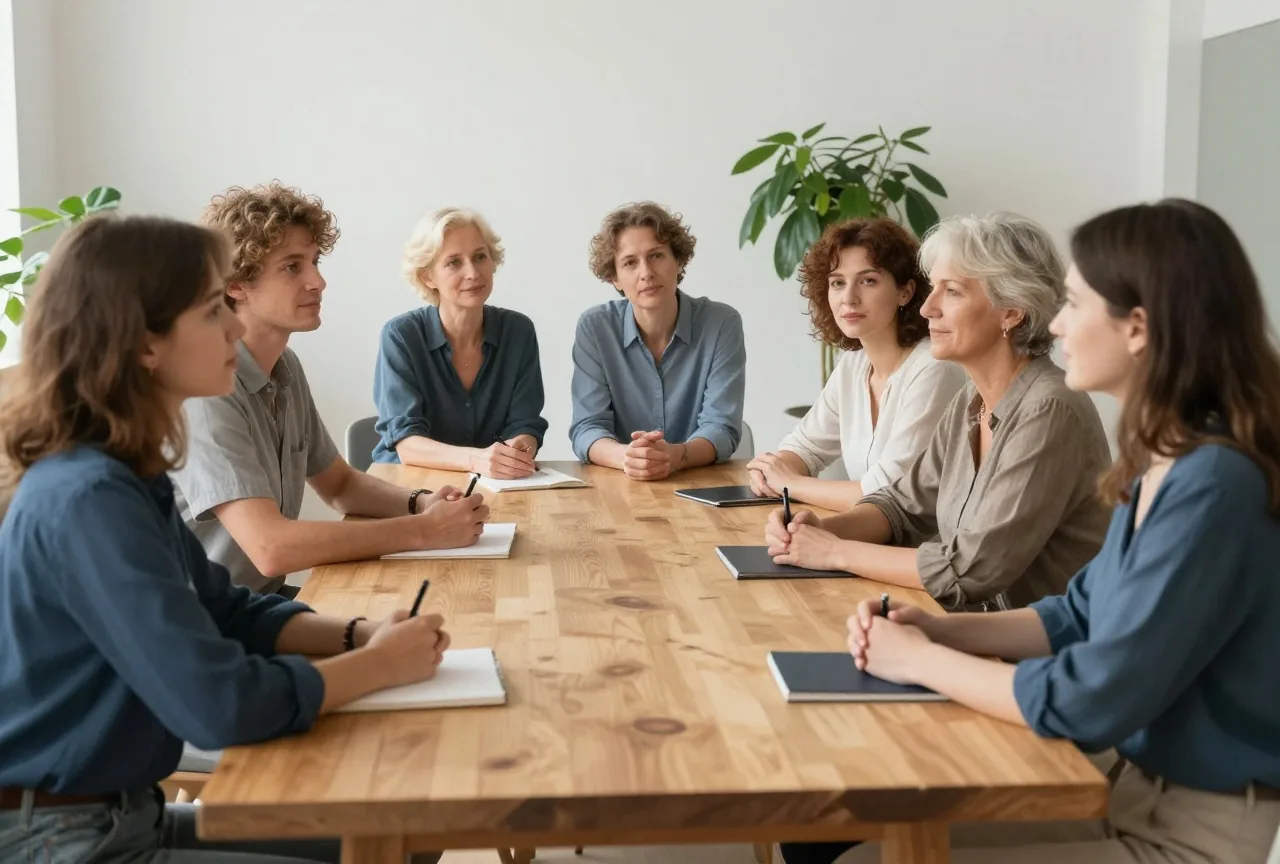 Kleine Gruppe von Frauen und Männern verschiedenen Alters sitzt in einem hellen Raum an einem großen Holztisch und hört einer Teilnehmerin aufmerksam zu