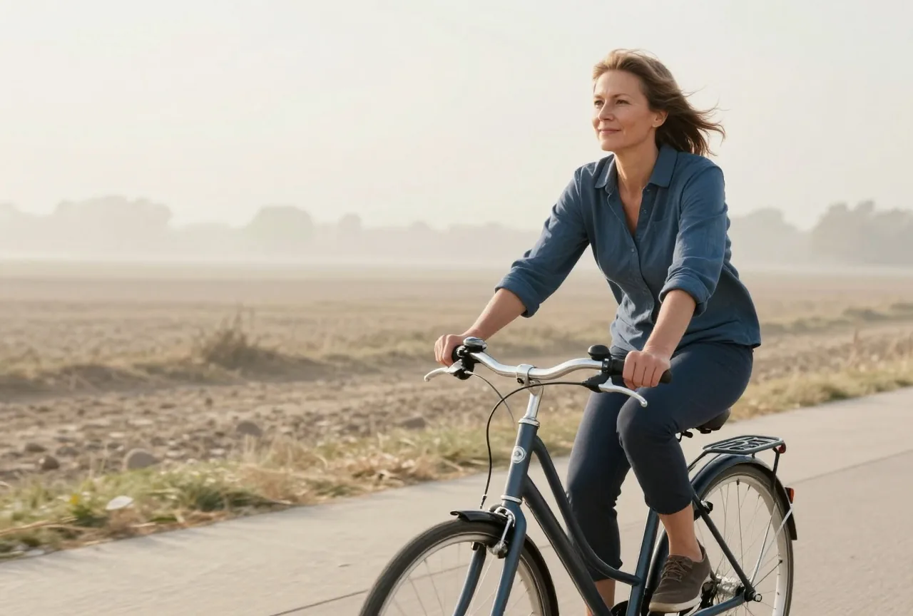 Frau Mitte fünfzig fährt an einem hellen Morgen mit dem Fahrrad einen ruhigen Weg am Feldrand entlang