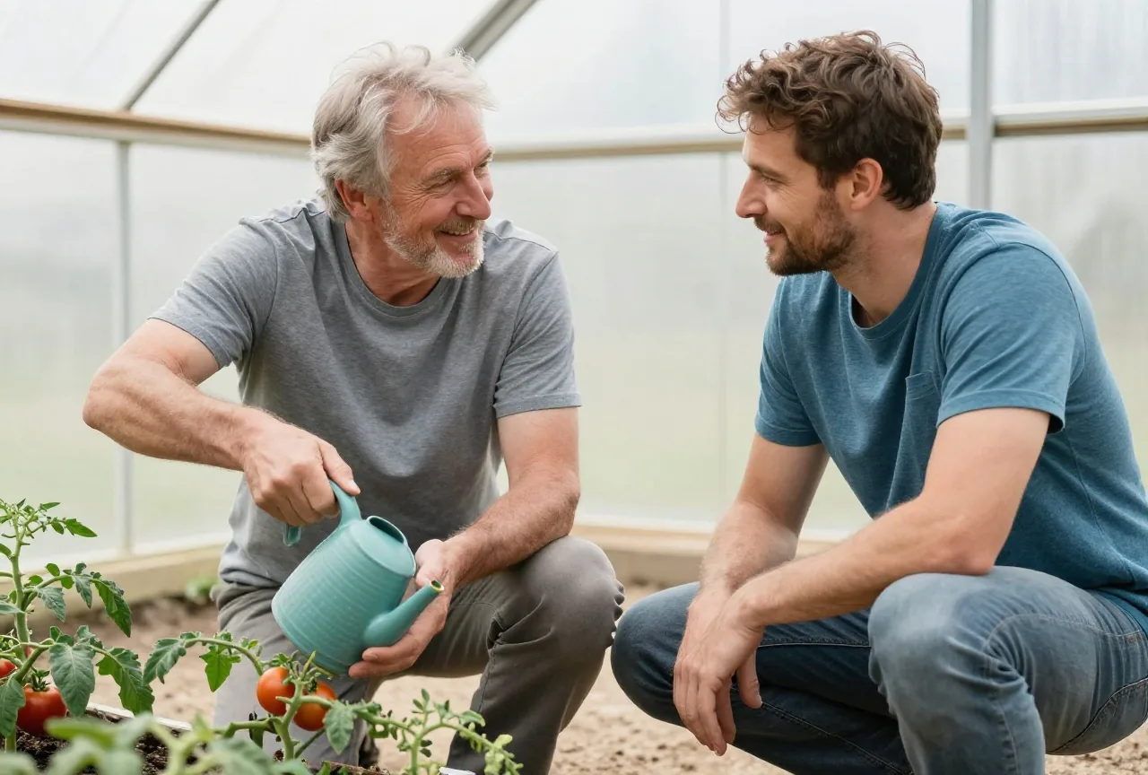 Mann Mitte siebzig gießt mit seinem erwachsenen Sohn in einem kleinen hellen Gewächshaus die Tomatenpflanzen