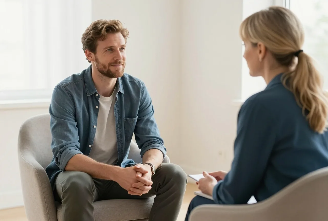 Mann in den Vierzigern sitzt in einem hellen Beratungsraum einer Therapeutin gegenüber, beide sprechen ruhig auf Augenhöhe